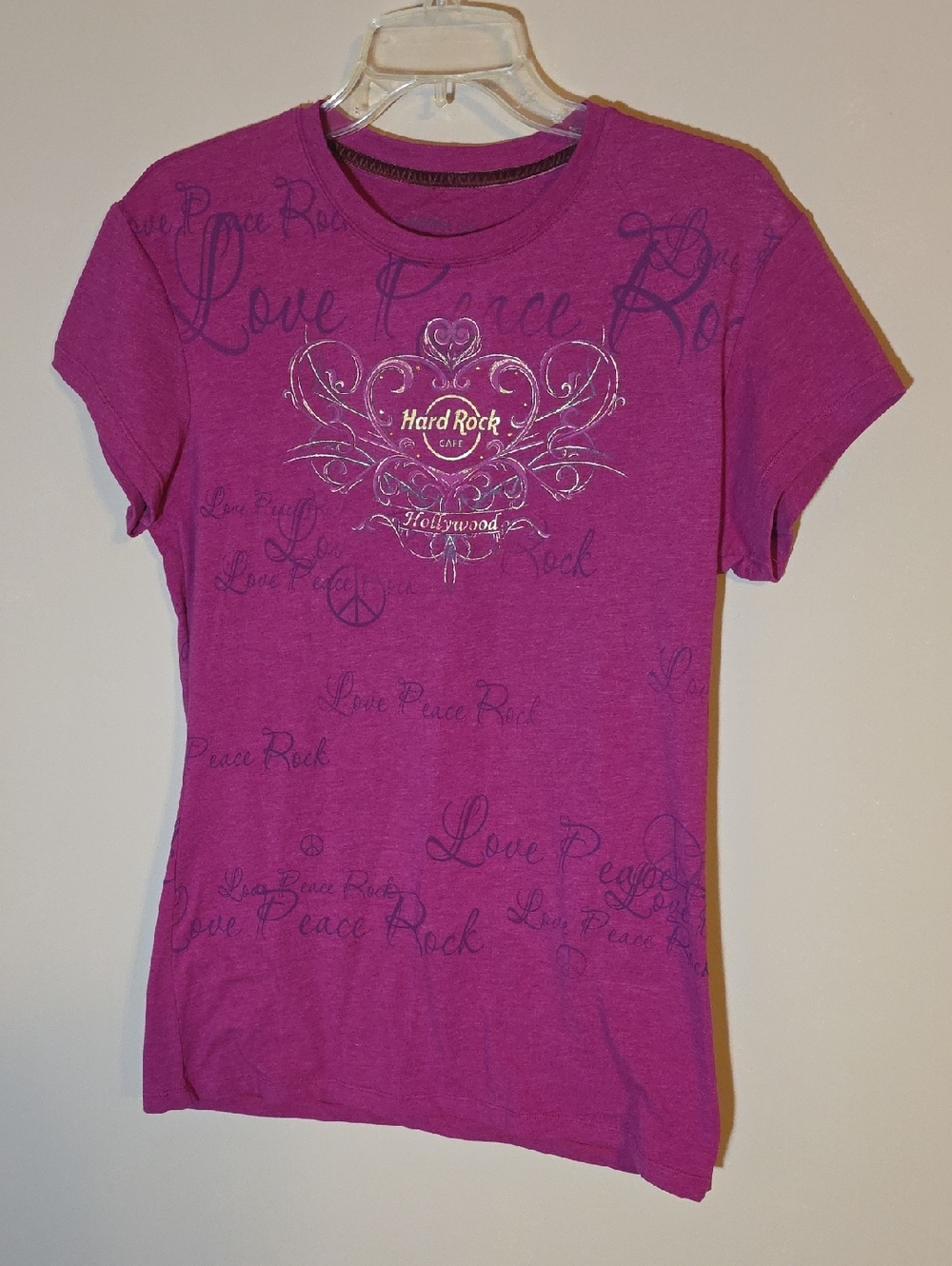 Womens Hard Rock Cafe Hollywood Pink Love Peace Rock Short Sleeved Tee Size XL